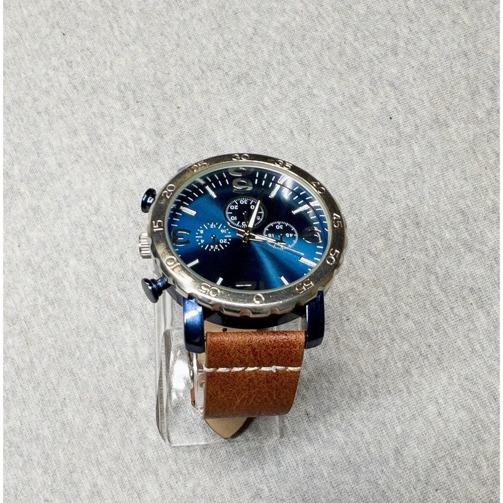 Folio 46mm Blue Silver Tone Watch Brown Leather Band New Battery‎ Chrono Style